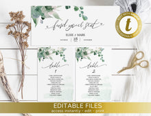 Load image into Gallery viewer, Printable Wedding Seating Chart template, Editable DIY Hanging Cards seating plan, Greenery Eucalyptus Elegant Reception Welcome Boho Chart
