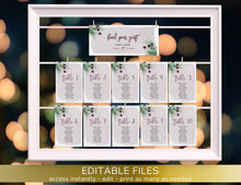 Load image into Gallery viewer, Printable Winter Wedding Seating Chart template, Burgundy Holly Berries Editable DIY Hanging Cards plan, Evergreen Fir Reception Welcome

