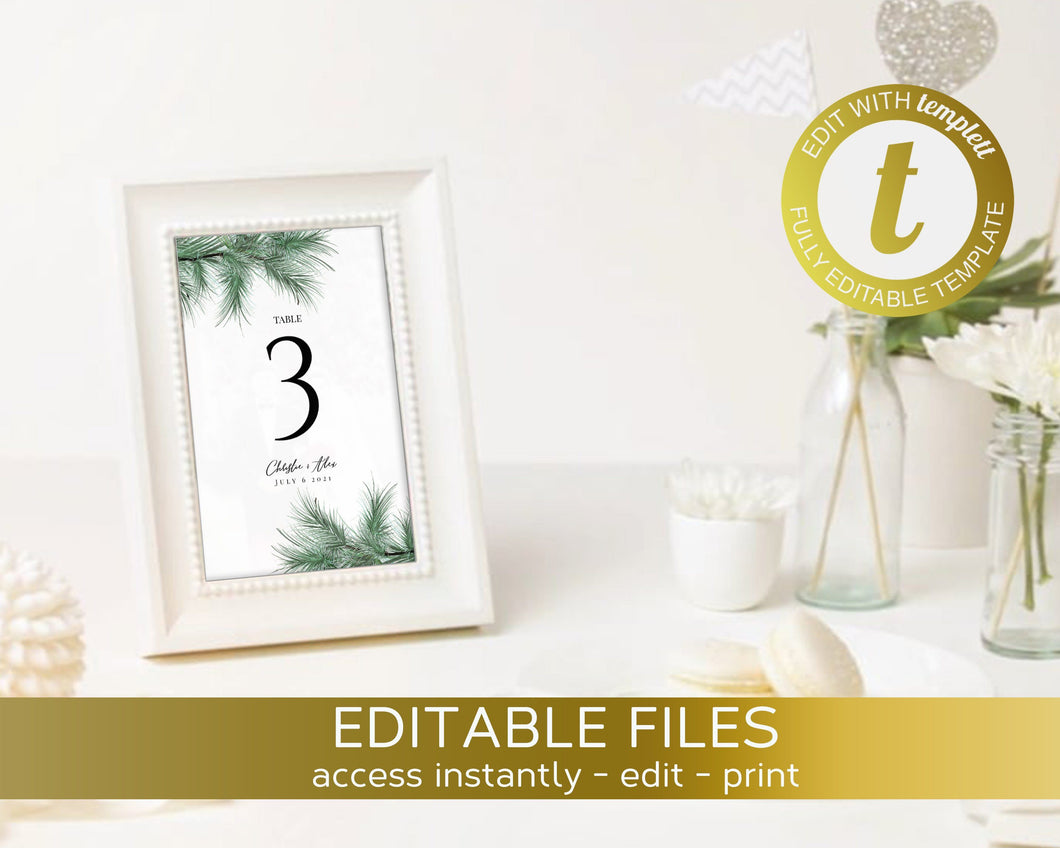 Printable Winter Wedding Table Number Sign, Evergreen Editable Greenery Table Cards, Instant Download, Elegant Reception Rustic Pine Decor