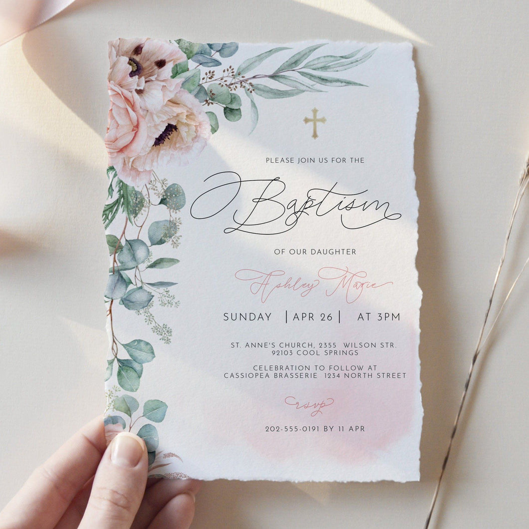 Rose and Eucalyptus Baptism Invitation - ROSANNA