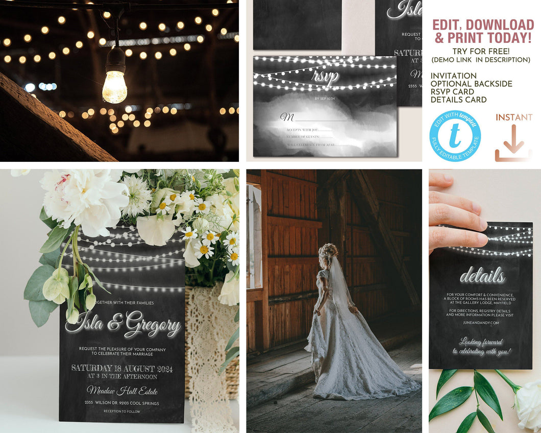 Rustic Chalkboard & String Lights Wedding Invitation Suite