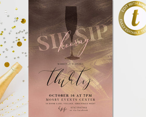 Sip sip hooray rose gold milestone birthday invitation