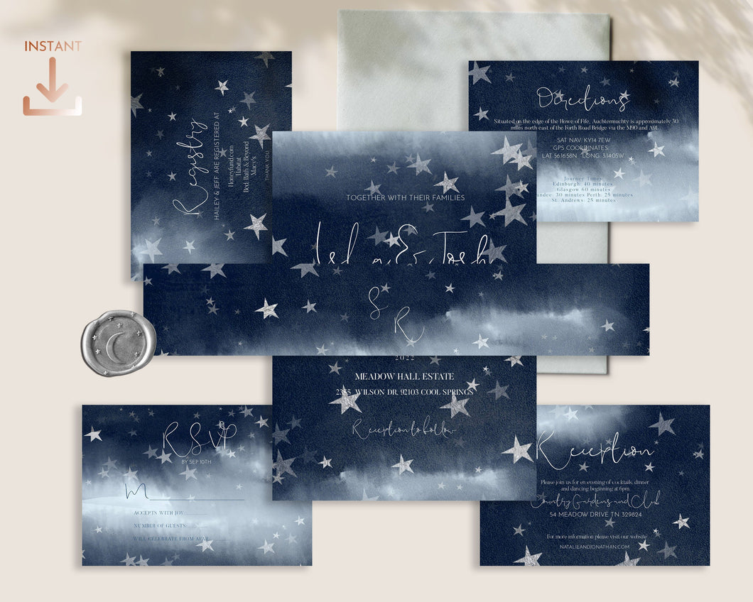 Starry Night Celestial Full Wedding Invitation Suite in Dark Blue with Silver Stars - NOVA
