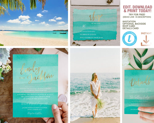 Tropical Beach Wedding Invitation Suite in Turquoise - WAVES