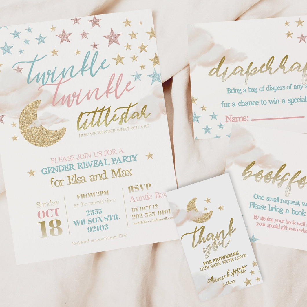 Twinkle Twinkle Little Star Baby Shower Reveal Invitation Set