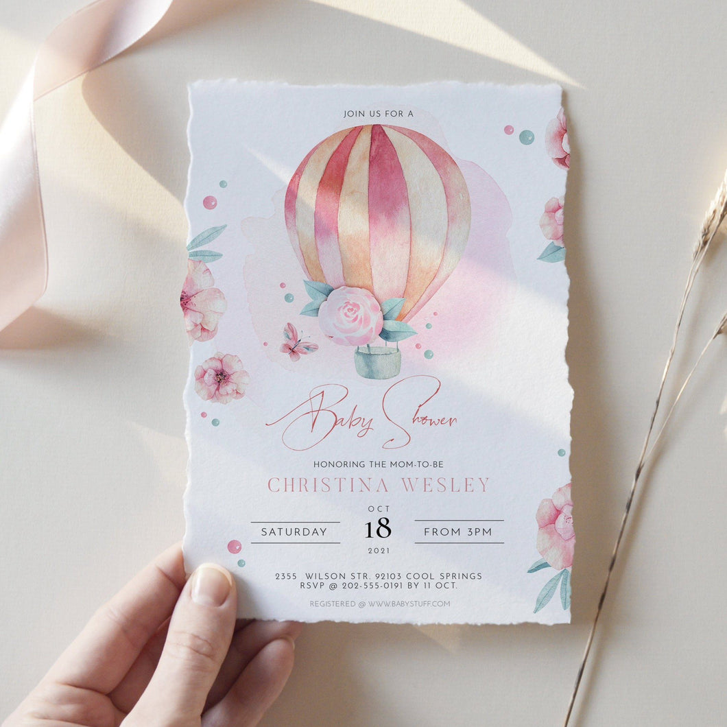 Up Up and Away Balloon Baby Shower Invitation in Pink