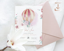Load image into Gallery viewer, Up Up and Away Balloon Baby Shower Invitation in Pink
