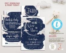 Load image into Gallery viewer, We are Over the Moon Baby Shower Invitation Set in Navy &amp; Silver
