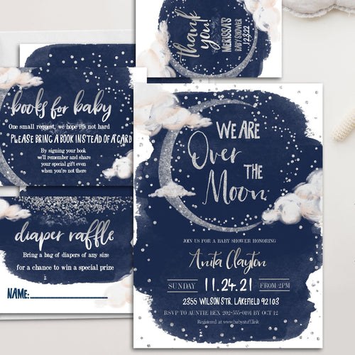 We are Over the Moon Baby Shower Invitation Set in Navy & Silver