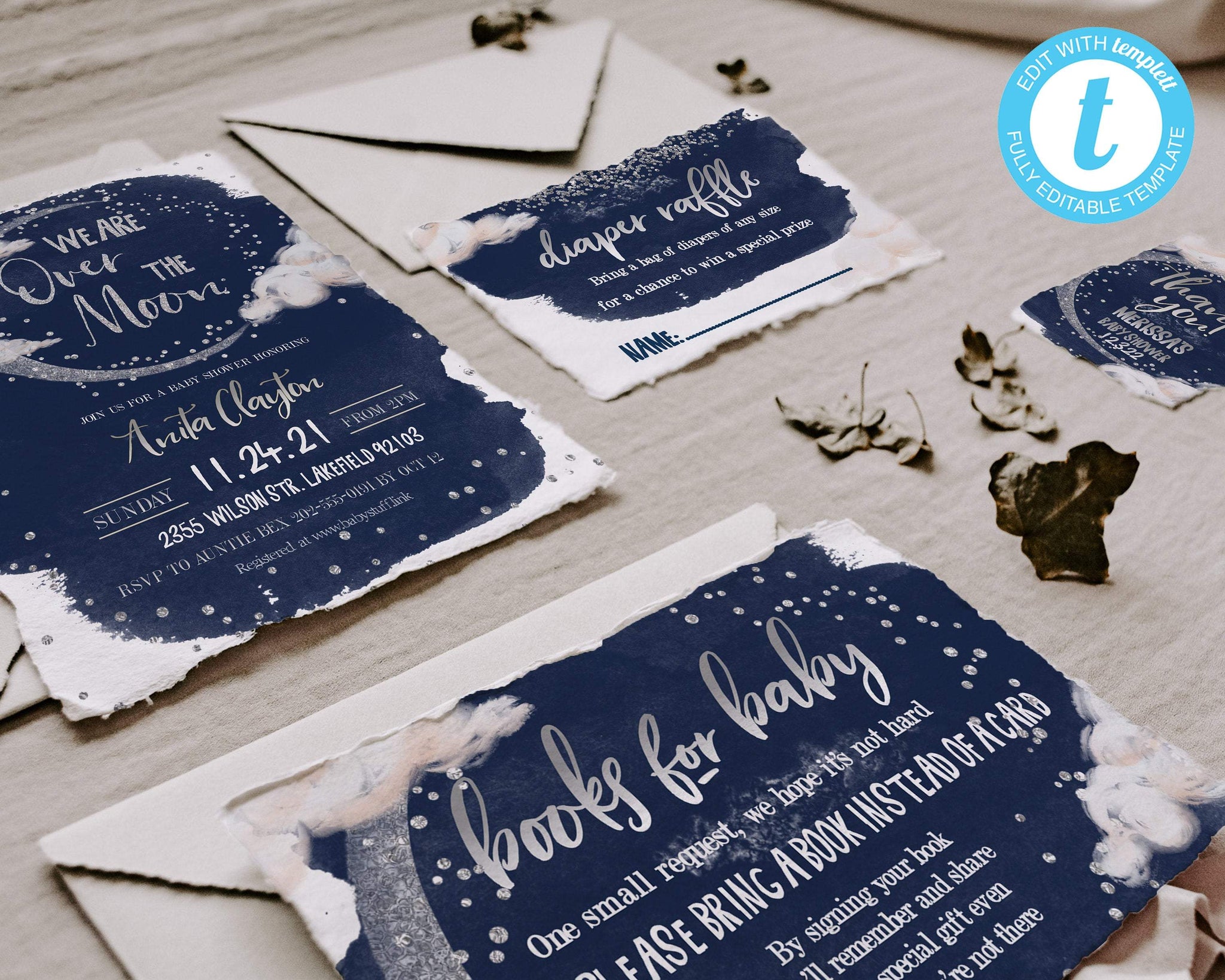 We are Over the Moon Baby Shower Invitation Set in Navy \u0026 Silver –  PaperPropsUK, image size:2048x1638