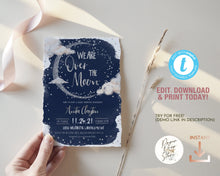 Load image into Gallery viewer, We are Over the Moon Baby Shower Invitation Set in Navy &amp; Silver
