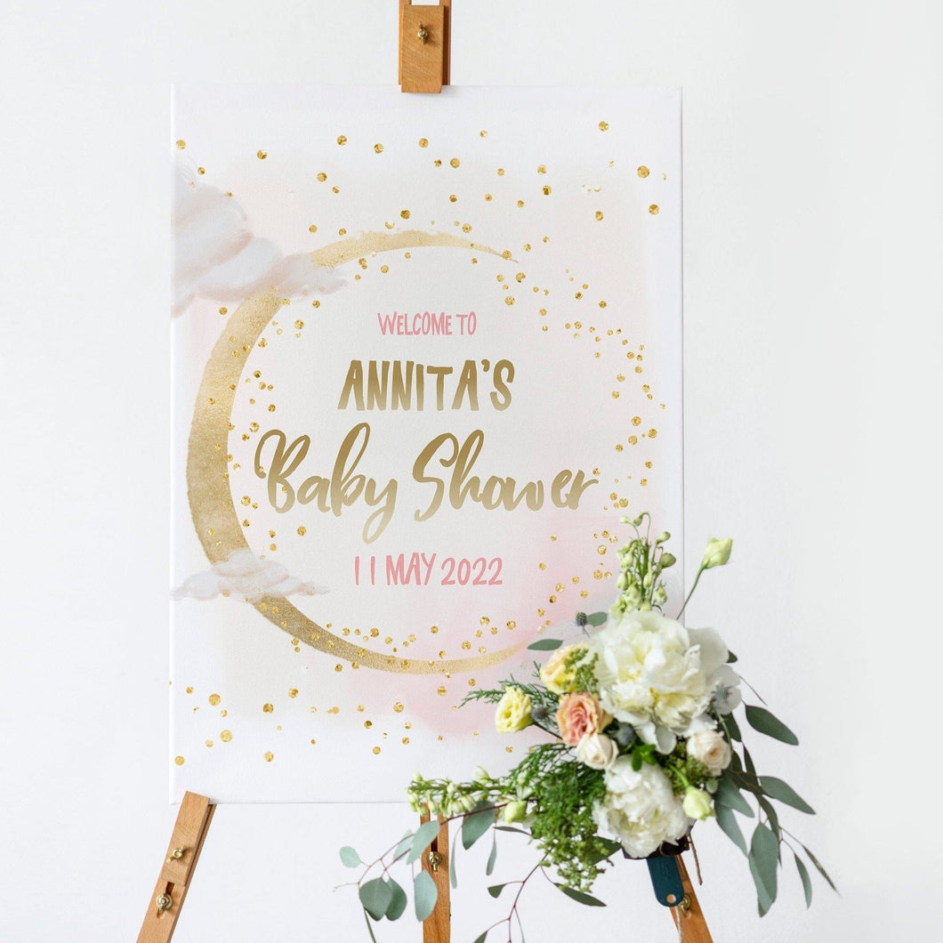 We are Over the Moon Blush Baby Shower Welcome Board