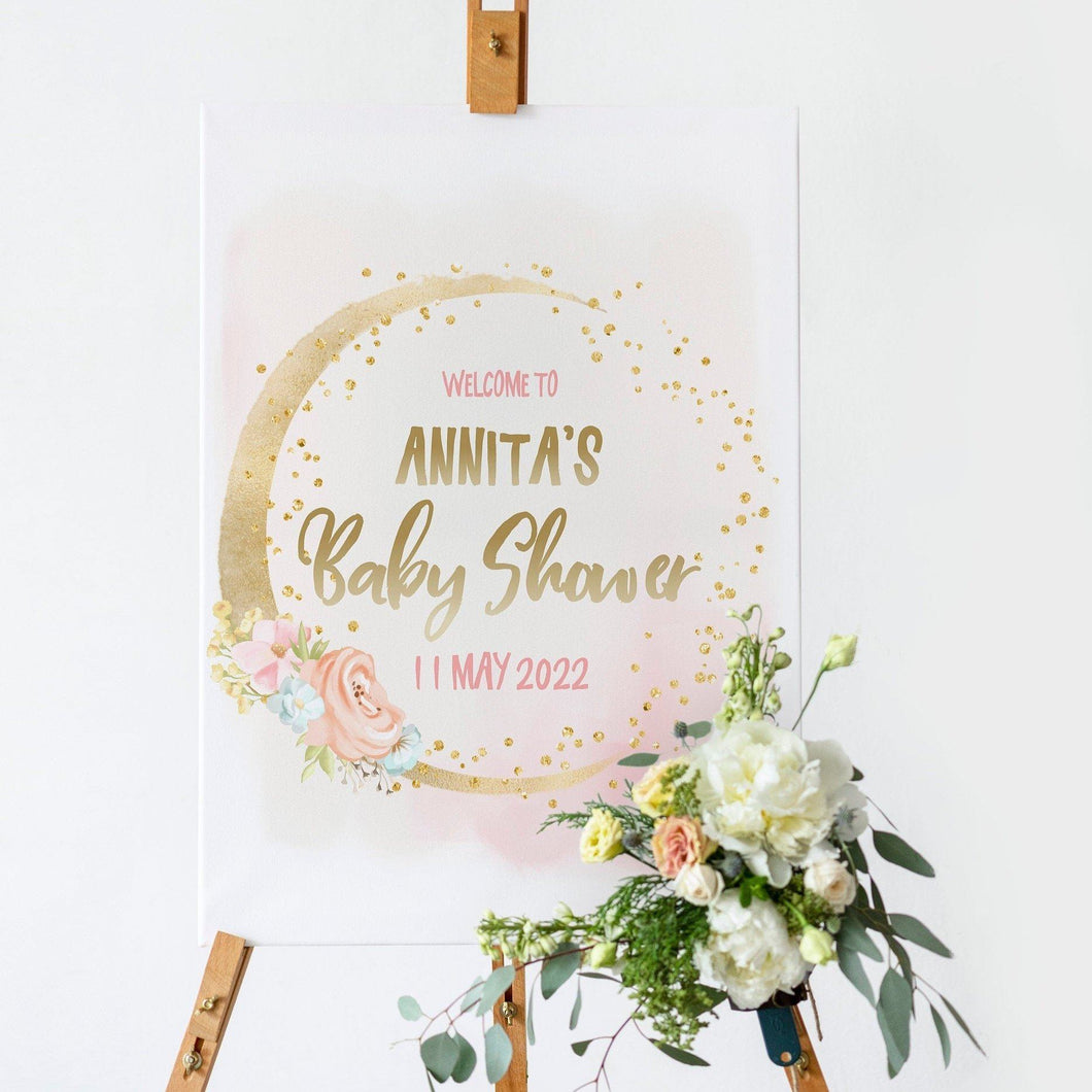 We are Over the Moon Blush Floral Baby Shower Welcome Board