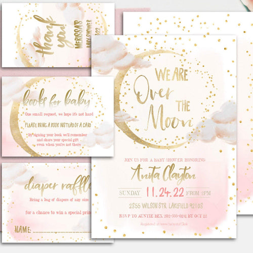 We are Over the Moon Blush Pink Baby Girl Shower Invitation Set