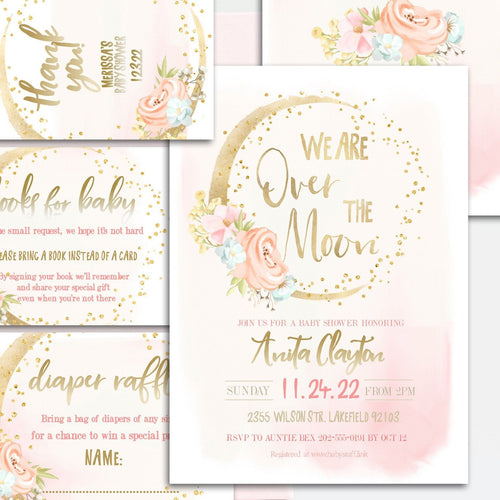 We are Over the Moon Floral Pink Baby Girl Shower Invitation Set