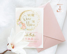Load image into Gallery viewer, We are Over the Moon Floral Pink Baby Girl Shower Invitation Set
