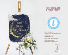 Load image into Gallery viewer, We are Over the Moon Gold &amp; Navy Baby Shower Welcome Board
