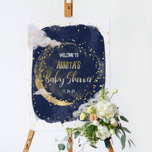 Load image into Gallery viewer, We are Over the Moon Gold &amp; Navy Baby Shower Welcome Board
