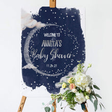 Load image into Gallery viewer, We are Over the Moon Silver &amp; Navy Baby Shower Welcome Board
