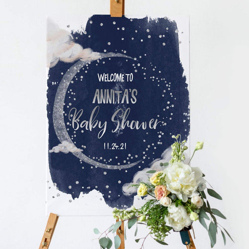 We are Over the Moon Silver & Navy Baby Shower Welcome Board