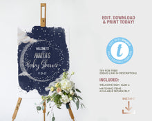 Load image into Gallery viewer, We are Over the Moon Silver &amp; Navy Baby Shower Welcome Board
