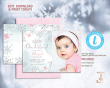 Load image into Gallery viewer, Winter ONEderland Snowflake 1st Birthday Photo Invitation in Pink
