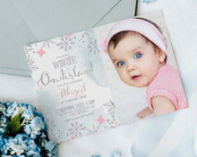 Load image into Gallery viewer, Winter ONEderland Snowflake 1st Birthday Photo Invitation in Pink
