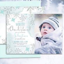 Load image into Gallery viewer, Winter ONEderland Snowflake First Birthday Photo Invitation

