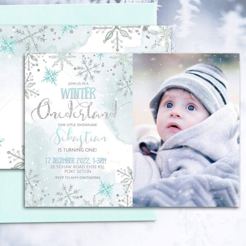 Winter ONEderland Snowflake First Birthday Photo Invitation