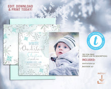 Load image into Gallery viewer, Winter ONEderland Snowflake First Birthday Photo Invitation
