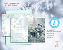 Load image into Gallery viewer, Winter Wonderland Boy Birthday Editable Photo Invitation, Little Snowflake Winter Party Instant Invite Template Silver Blue Glitter Effect
