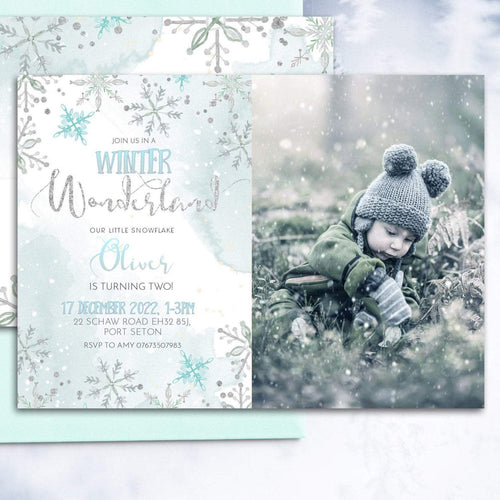 Winter Wonderland Boy Birthday Editable Photo Invitation, Little Snowflake Winter Party Instant Invite Template Silver Blue Glitter Effect