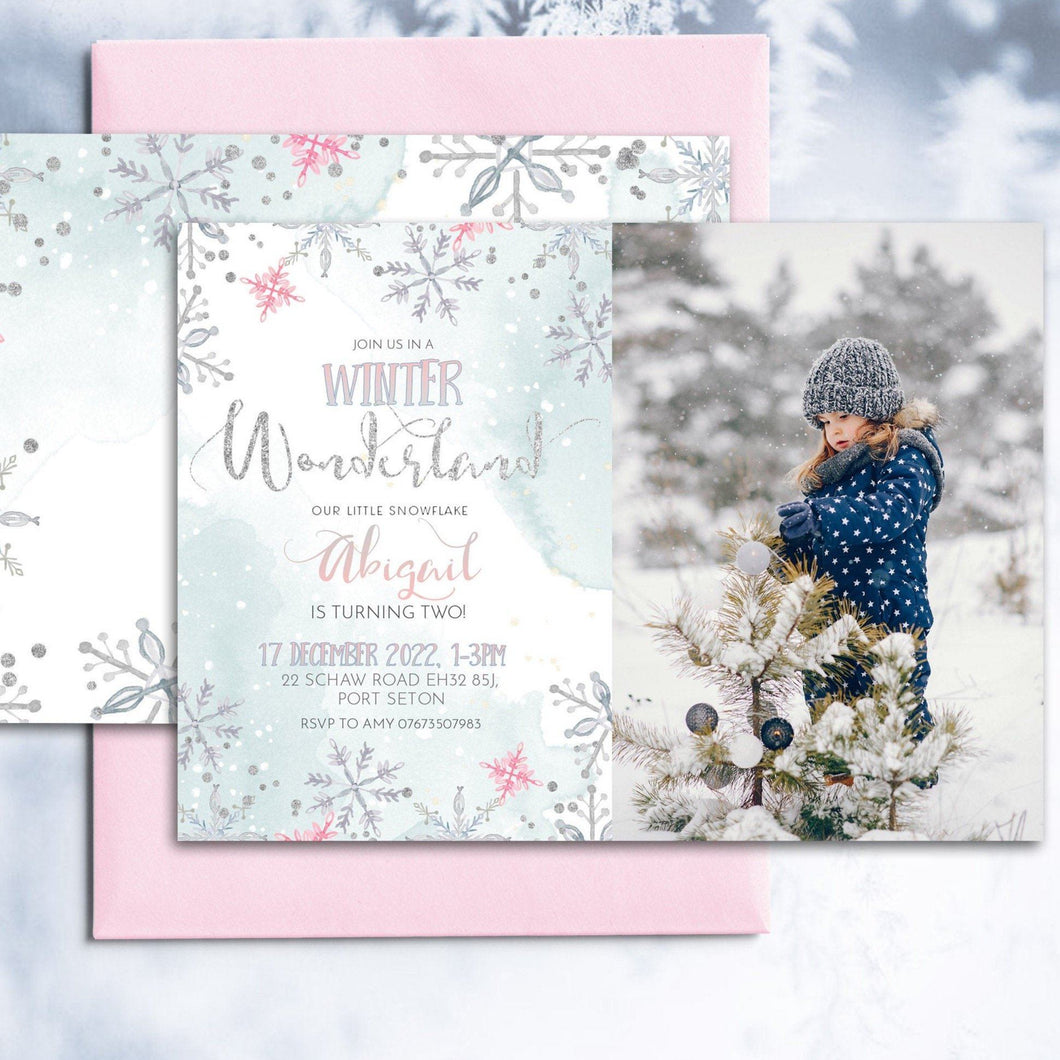 Winter Wonderland Girl Birthday Photo Editable Invitation, Little Snowflake Winter Party Instant Invite Template Silver Pink Glitter Effect