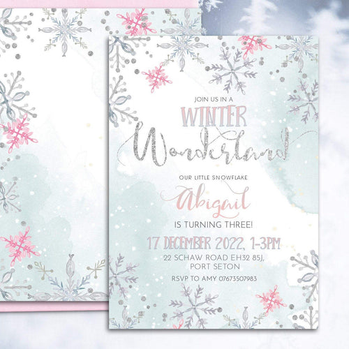 Winter Wonderland Snowflake Birthday Invitation in Pink