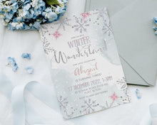 Load image into Gallery viewer, Winter Wonderland Snowflake Birthday Invitation in Pink
