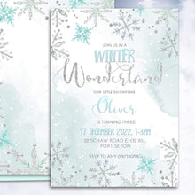Load image into Gallery viewer, Winter Wonderland Snowflake Birthday Invitation
