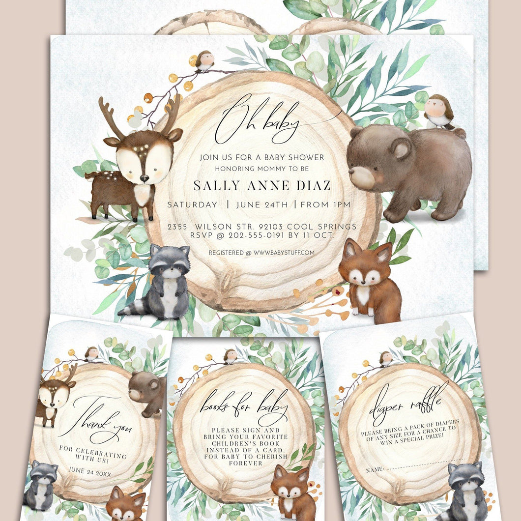 Woodland Animals & Greenery Baby Shower Invitation Set